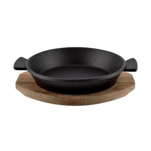 Öntöttvas kerek sütőtál fa alátéttel